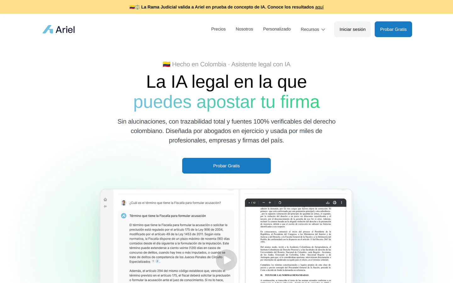 Ariel, versión web, primer pantallazo