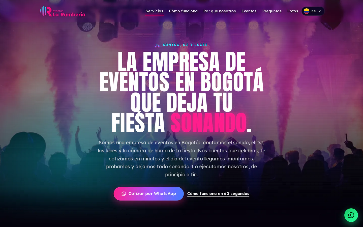 La Rumbería, desktop version, above the fold
