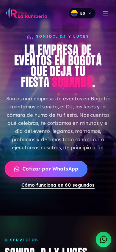 La Rumbería, mobile version, above the fold