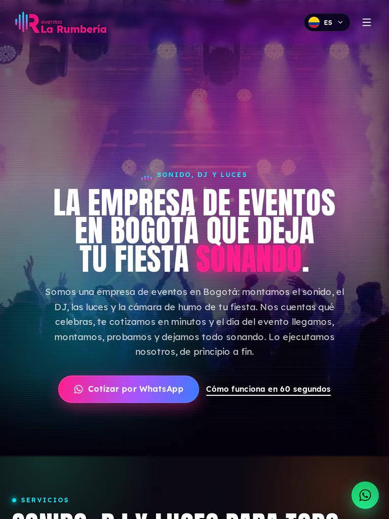 La Rumbería, tablet version, above the fold