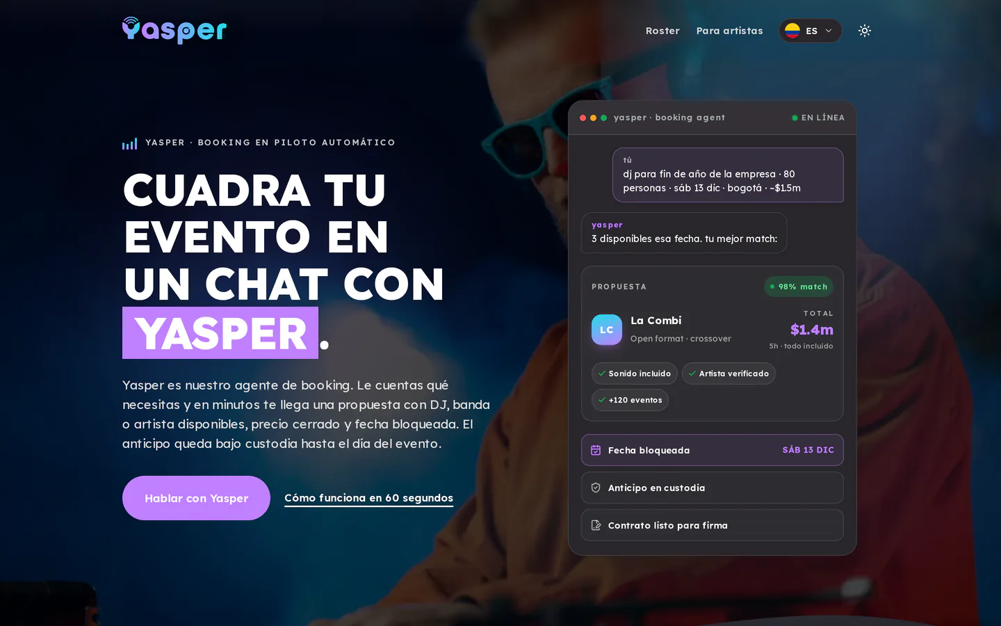 Yasper, desktop version, above the fold
